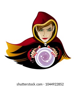 Vector image of a fortune teller in a Burgundy cloak with a crystal ball on a white background