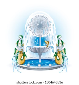 Vector image of a fountain with two beautiful mermaids and a fish