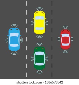 Vector image of four cars moving autonomously without the participation of the driver, according to the sensors. Autopilot