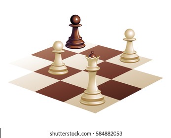 Vector image of four chess pieces on the Board, three pawns and one Queen