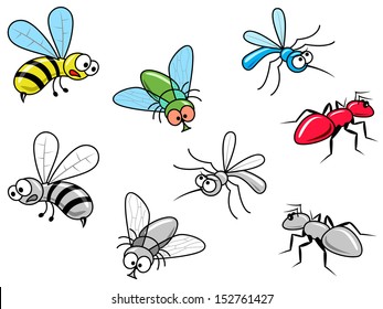 Vector image of four color and b\w insects.