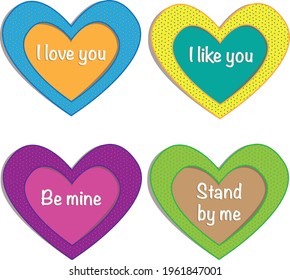 Vector image with four colorful hearts with texture that frame romantic legends.
