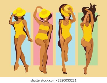vector image four different beautiful young slim tanned girl models in yellow swimsuits are sunbathing on the beach on colorful mats or towels. elements isolated. view from above. summer holidays.
