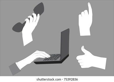 Vector image of four hands with a notebook, a telephone, a pointing gesture and the gesture of "great"