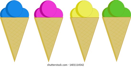 Vector image of four ice cream cones with blue, pink, yellow and green balls on the isolated background