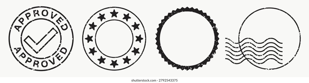 Vector image of four stamp designs: approved checkmark, stars circle, scalloped edge, and wavy lines.