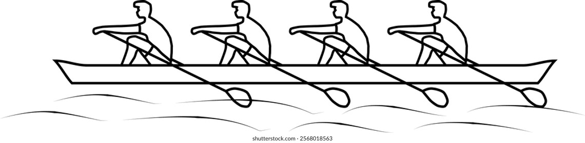 Vector image of a four-person rowing boat with oars moving in unison, causing waves in the water.