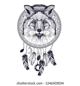 Vector Image Of Fox And Dream Catcher. Tattoo Art. T-shirt Design