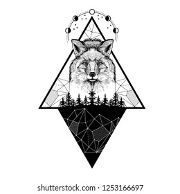 Vector Image Of A Fox, Moon Phases, Forest And Triangles. Tattoo Art. T-shirt Design