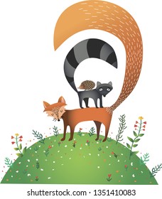 Vector image with fox, raccoon and hedgehog, in a meadow with flowers. Use in the production of goods, clothing and art objects
Use in website templates or print projects. Can be used for printing cards, stick