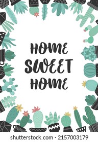 Vector image of a frame of cacti in pots. Hand-drawn summer illustration of a cactus in scandinavian style for decor, nursery, card, sweet home, interior, print, textile, poster, banner