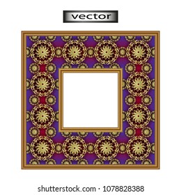 Vector image. Frame Morocco,red purple, wide gold trim edge, pattern of the ornament is interwoven weave weave, openwork lace, colour - gold. Textured frame for a banner, pictures .