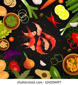 Vector image. Frame of vegetables. Colorful set. Fresh seafood, shrimp.