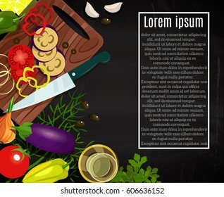 Vector image. Frame of vegetables, a cutting Board, a knife. Colorful set. ECO-organic fresh pattern with vegetables to decorate the menu.
