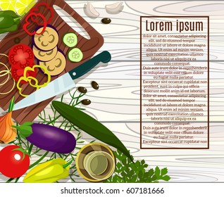 Vector image. Frame of vegetables, a cutting Board, a knife. Colorful set. ECO-organic fresh pattern with vegetables to decorate the menu.