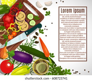 Vector image. Frame of vegetables, a cutting Board, a knife. Colorful set. ECO-organic fresh pattern with vegetables to decorate the menu.