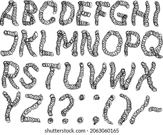 Vector image of freehand drawn springled swirled curved letters of latin alphabet