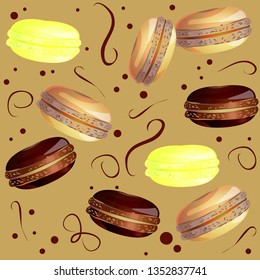 Vector image of french cookies on light brown background. Drawing sweet elements for the design of cards. Dessert for breakfast at the patern. A collection of sweets.