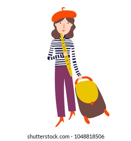 Vector image of french girl with a baguette and a cart