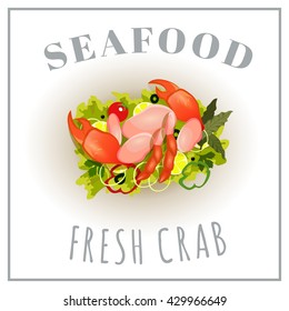 Vector image. Fresh crab, served with vegetables.
