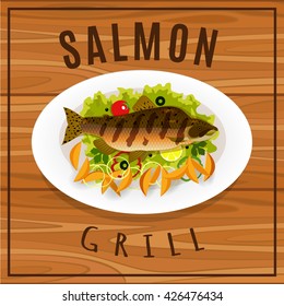 Vector image. Fresh grilled salmon with potato wedges. White dish on wooden table.