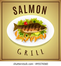 Vector image. Fresh grilled salmon with potato wedges. White dish on wooden table.