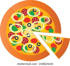 Vector image of fresh pizza with tomatoes,sausage,olives,onion.Fast food.Pizza time.Traditional Italian cuisine.Isolated white background.