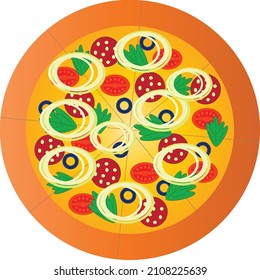 Vector image of fresh pizza with tomatoes,sausage,olives,onion.Fast food.Pizza time.Traditional Italian cuisine.Isolated white background.