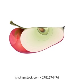 Vector image of fresh red apple slice with seeds. ripe juicy apple quarter illustration isolated on white. delicious sliced red fruit icon. realistic 3d style for banner, logo, market products design