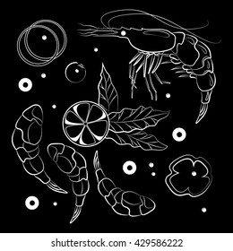 Vector image. Fresh shrimp with vegetables and lemon