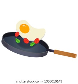 Vector image of fried eggs on the griddle. Useful, hearty breakfast. Natural, organic products. Healthy food. Fried egg with tomatoes in a pan. Image for banner, menu, greeting card, logo. Flat style.