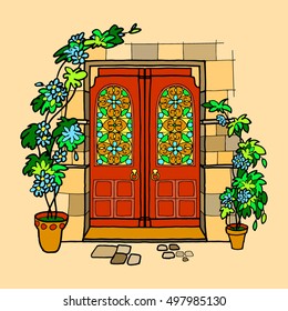 vector image of the front door with stained glass Tiffany, drawing entrance to the house decorated with flowers in pots trudging along the wall