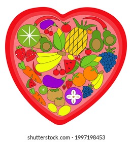 vector image of fruit love, with a heart shape with many types of fruit