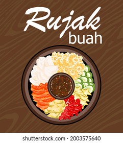 Vector image of a fruit salad from Indonesia with brown sugar and chili sauce called rujak