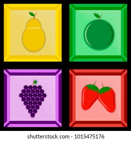 Vector image of fruits in a photo frame - apple, pear, grapes, strawberry. Flat
