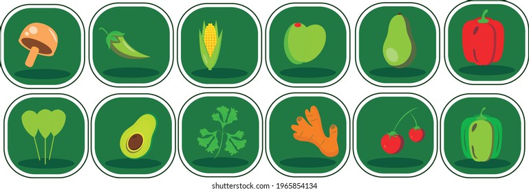 vector image of fruits and vegetables in vivid colors with dark green background.