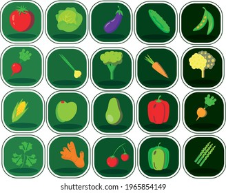vector image of fruits and vegetables in vivid colors with dark green background.