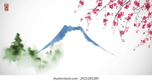 Vector image of Fuji mountain, green pine trees and sakura blossom, in traditional ink wash painting style sumi-e, serene and minimalist.