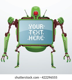 Vector image of funny big green robot with two arms and legs, head and blue screen in the center of the body standing on a light gray background. Future, technology, modern. Vector humanoid robot.