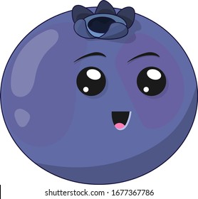 Vector image of a funny blueberry, with eyes and cute mouth, that is smiling, isolated on white background