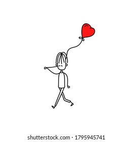 Vector image. Funny image of a boy with a heart-shaped balloon.