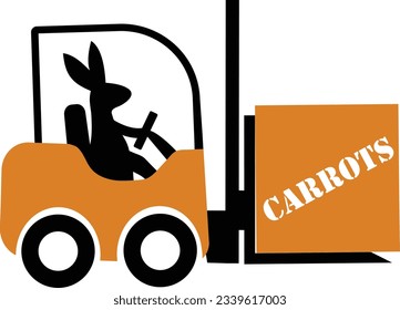 A vector image of a funny bunny using a forklift to move a big box of carrots