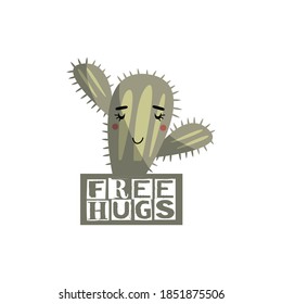 Vector image. Funny image of a cactus. Free hugs.