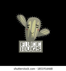 Vector image. Funny image of a cactus. Free hugs.