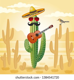 Vector image of funny cactus in sombrero with a guitar and sunglasses on the background of the prairies