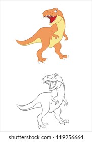 Vector image of an funny cartoo tyrannosaurus rex and his outline silhouette on white background