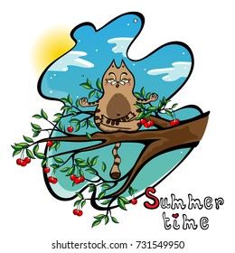 Vector image of a funny cartoon cat meditating on a branch in summer