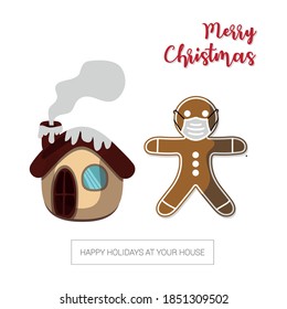 Vector image. Funny cartoon of a gingerbread cookie with a mask and a house. Christmas at home.