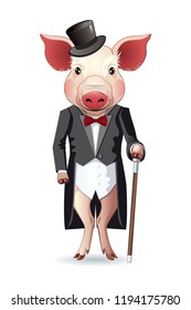 Vector image of a funny cartoon pig in a coat and a cane