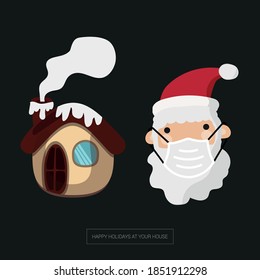 Vector image. Funny cartoon of Santa Claus and a house. Christmas at home.
